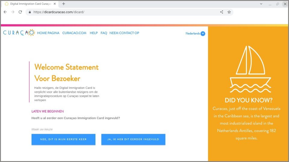 DI Card Curacao immigratiekaart douane